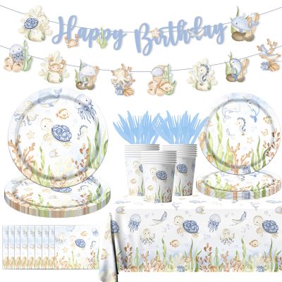 142pcs Under the Sea Birthday Tableware Under The Sea Theme Party Decorations Underwater Sea Life Baby Shower Party Supplies Disposable Banner,Tablecloth,Plates,Napkins,Cups,Forks and Knives