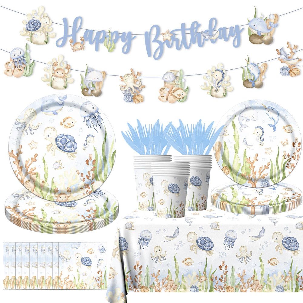 142pcs Under the Sea Birthday Tableware Under The Sea Theme Party Decorations Underwater Sea Life Baby Shower Party Supplies Disposable Banner,Tablecloth,Plates,Napkins,Cups,Forks and Knives