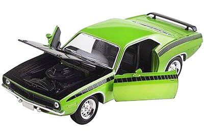 1970 Barracuda Green with Black Hood and Stripes Muscle Car Collection 1/25 Diecast Model Car by New Ray 71873A
