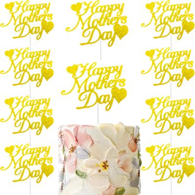 15pcs Happy Mother's Day Cake Topper Gold Glitter Cake Topper Mothers Day Cupcake Topper Heart Shaped Cake Picks Cake Accessories for Mom's Birthday Mother's Day Gifts Cake Decoration Party (Gold)