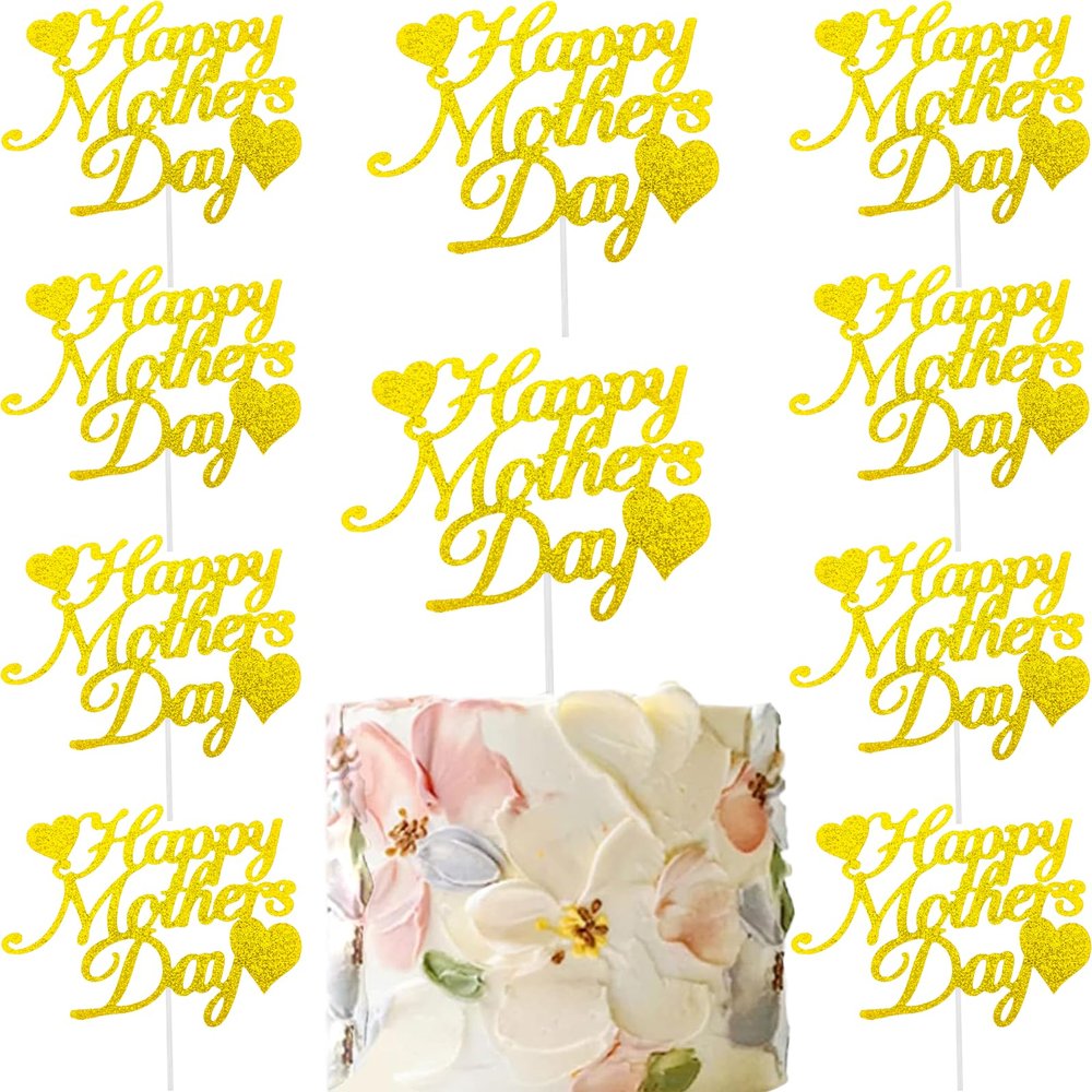 15pcs Happy Mother's Day Cake Topper Gold Glitter Cake Topper Mothers Day Cupcake Topper Heart Shaped Cake Picks Cake Accessories for Mom's Birthday Mother's Day Gifts Cake Decoration Party (Gold)