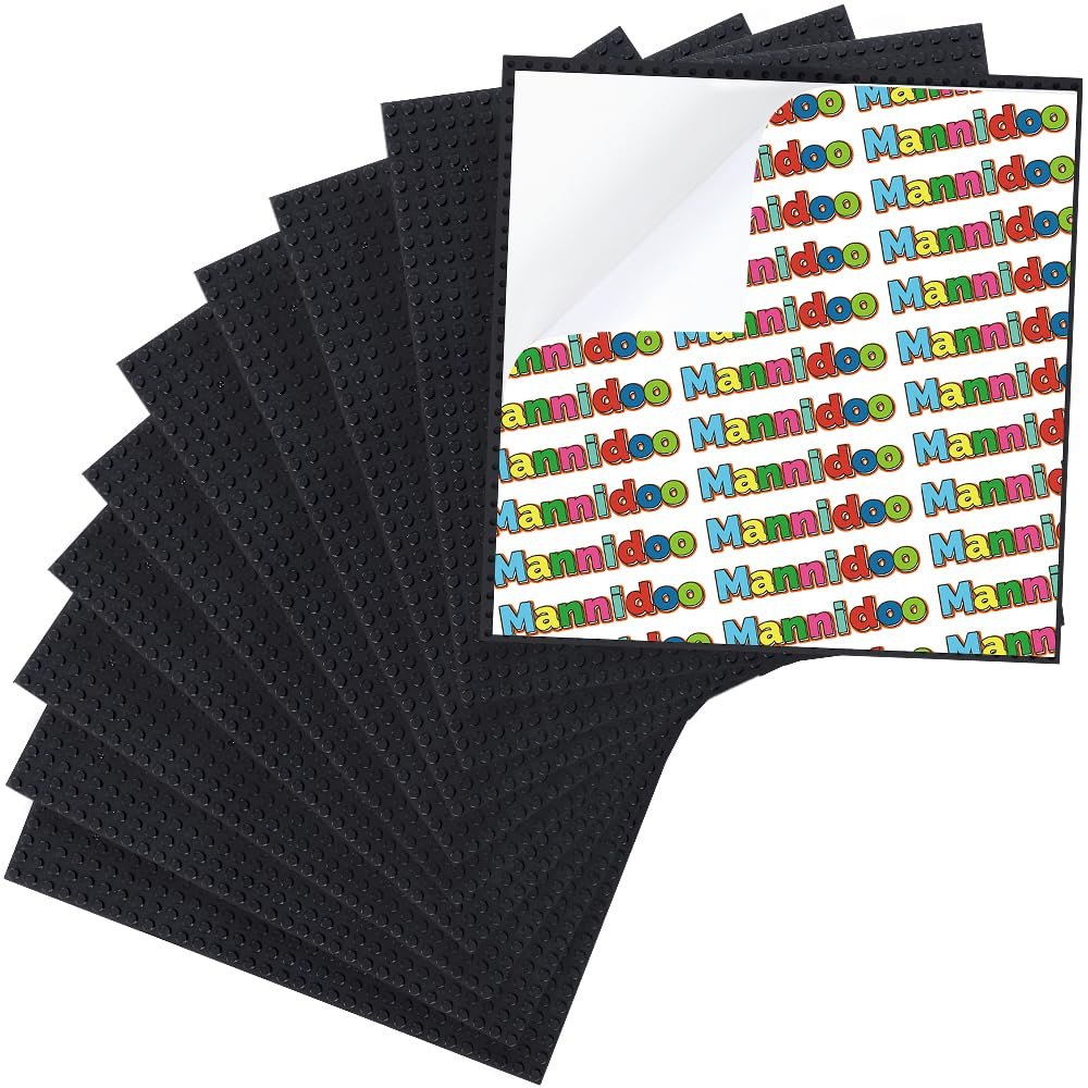 MANNIDOO Peel-and-Stick Baseplates, 10 Packs 10" x 10 Classic Adhesive Building Base Plates for Walls and Tables - Compatible with All Major Brands (Black)