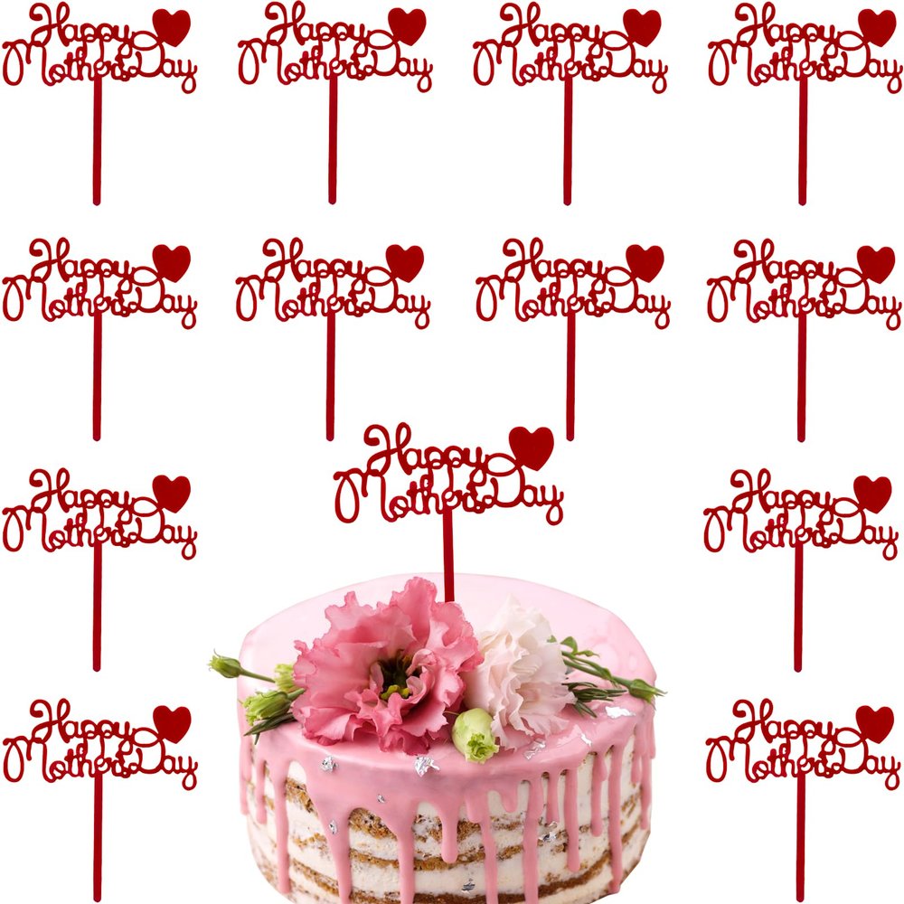 12Pcs Happy Mother's Day Cake Topper Acrylic Cake Topper Mother's Day Cupcake Topper Heart Shaped Cake Picks Cake Accessories for Birthday Mother's Day Gifts Cake Decoration Party (Red)