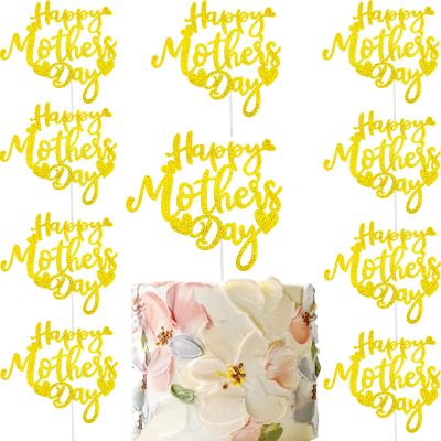 10pcs Happy Mother's Day Cake Topper Gold Glitter Cake Topper Mothers Day Cupcake Topper Heart Shaped Cake Picks Cake Accessories for Mom's Birthday Mother's Day Gifts Cake Decoration Party (Gold)
