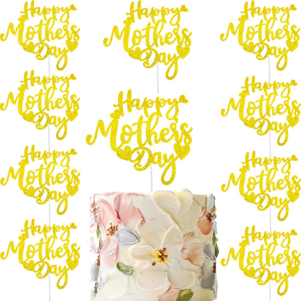 10pcs Happy Mother's Day Cake Topper Gold Glitter Cake Topper Mothers Day Cupcake Topper Heart Shaped Cake Picks Cake Accessories for Mom's Birthday Mother's Day Gifts Cake Decoration Party (Gold)