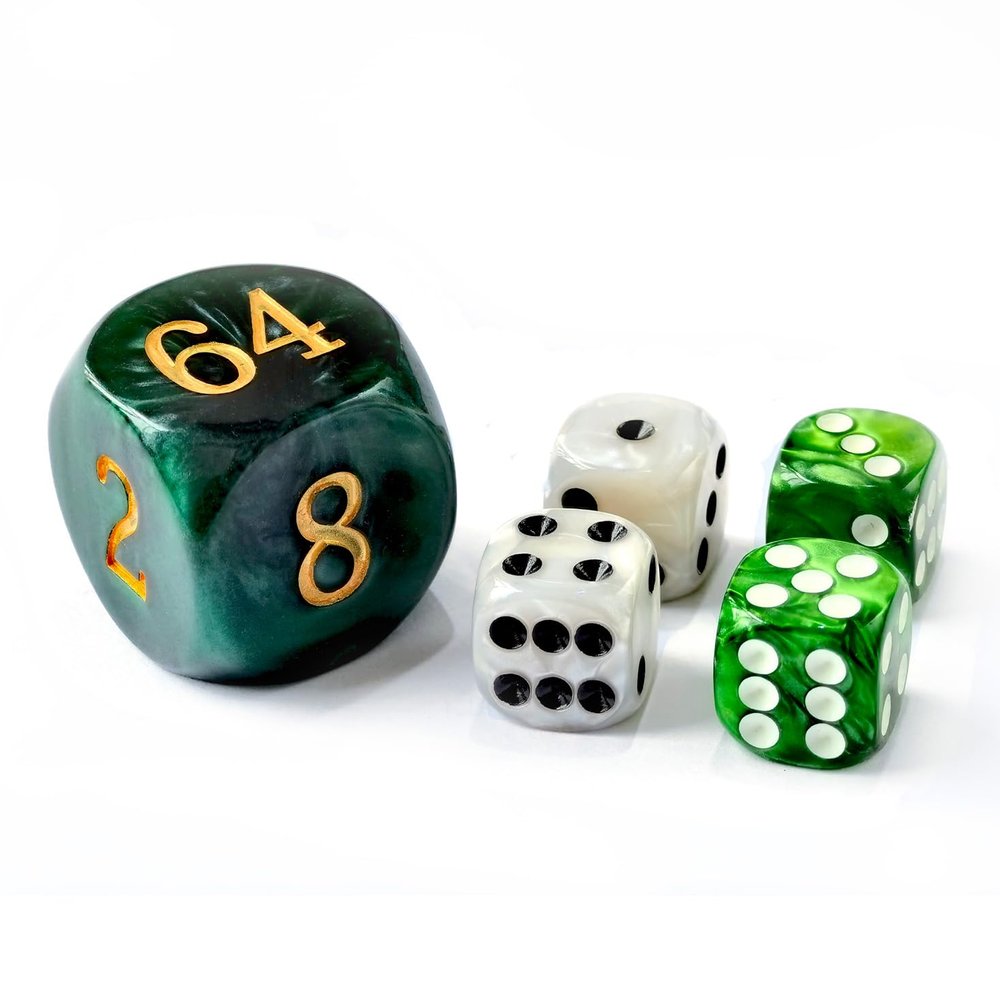 5pcs Set 30MM Backgammon Pearl Dice Set - 30MM (1 3/16") Large Backgammon Doubling Cube Plus 4pcs 16MM Dice (Green/White Marbleized)
