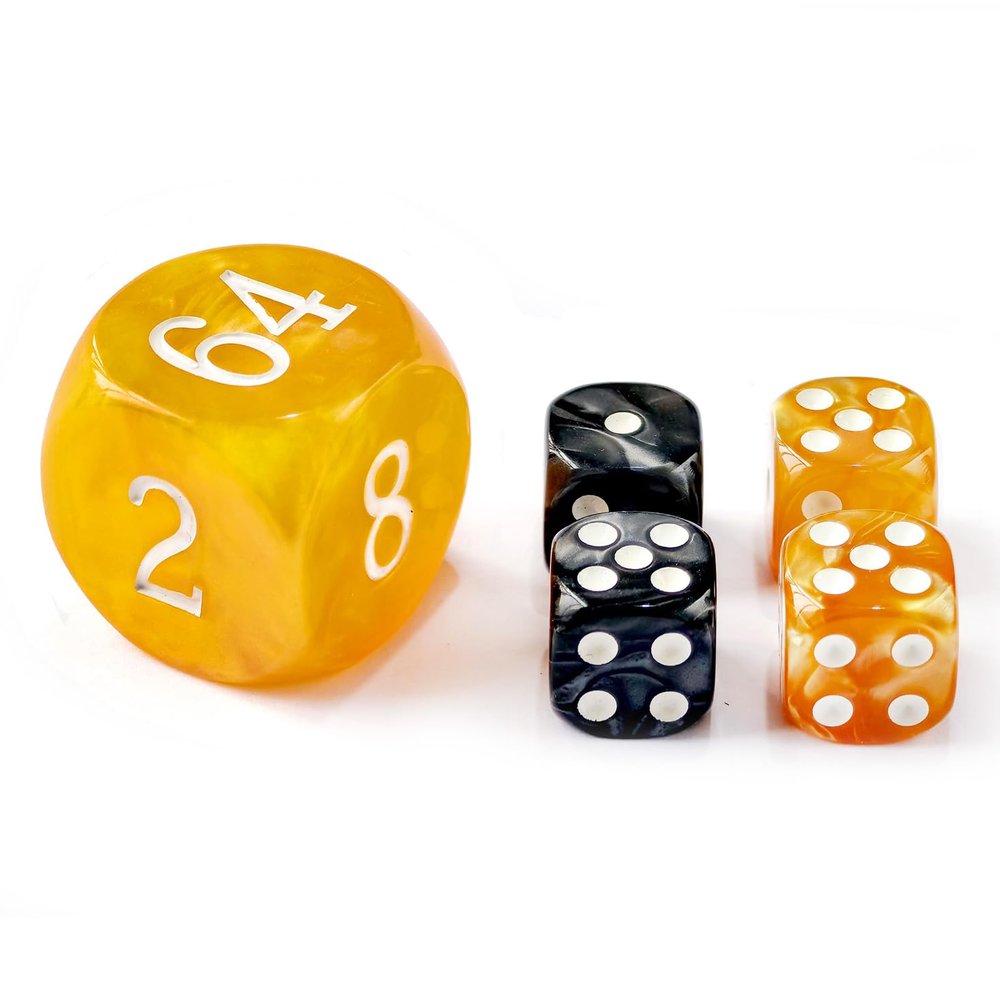 5pcs Set 30MM Backgammon Pearl Dice Set - 30MM (1 3/16") Large Backgammon Doubling Cube Plus 4pcs 16MM Dice (Amber/Black Marbleized)