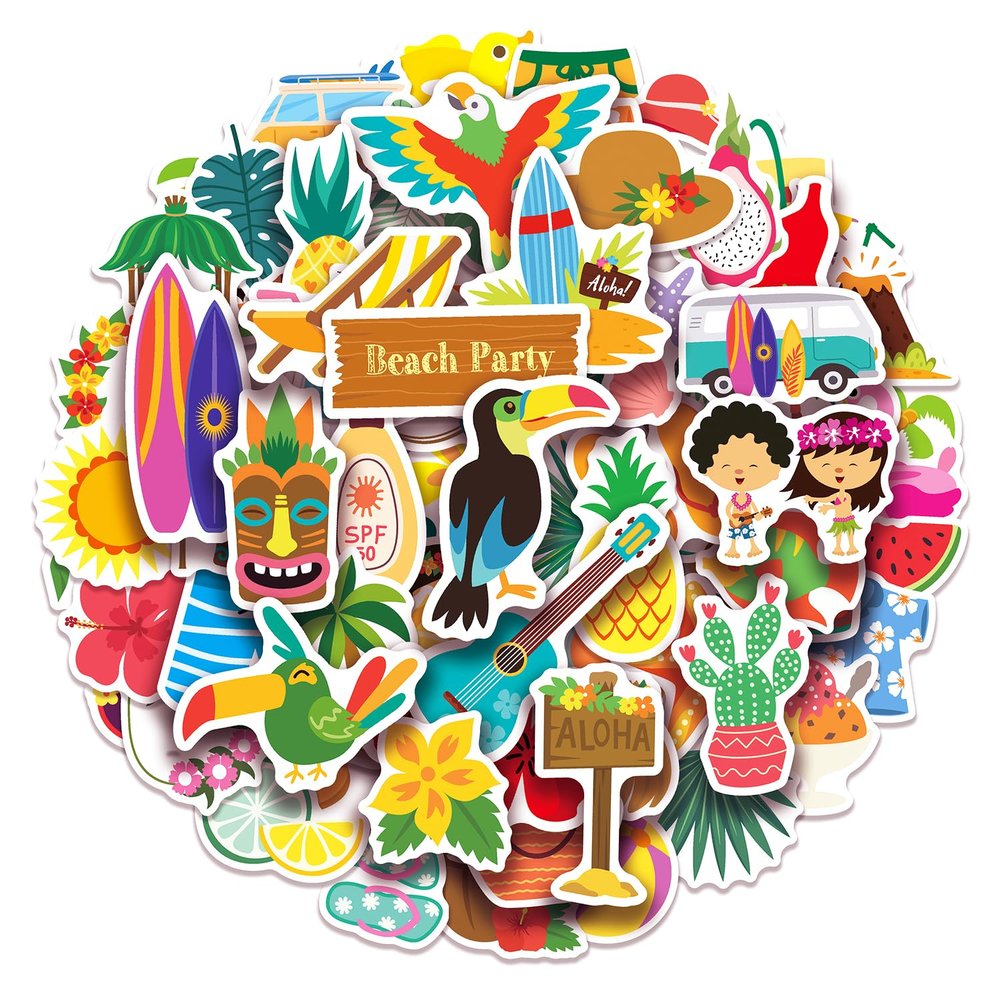 100 Pack Hawaiian Stickers, Luau Tropical Summer Party Favors, Birthday Decorations Gifts