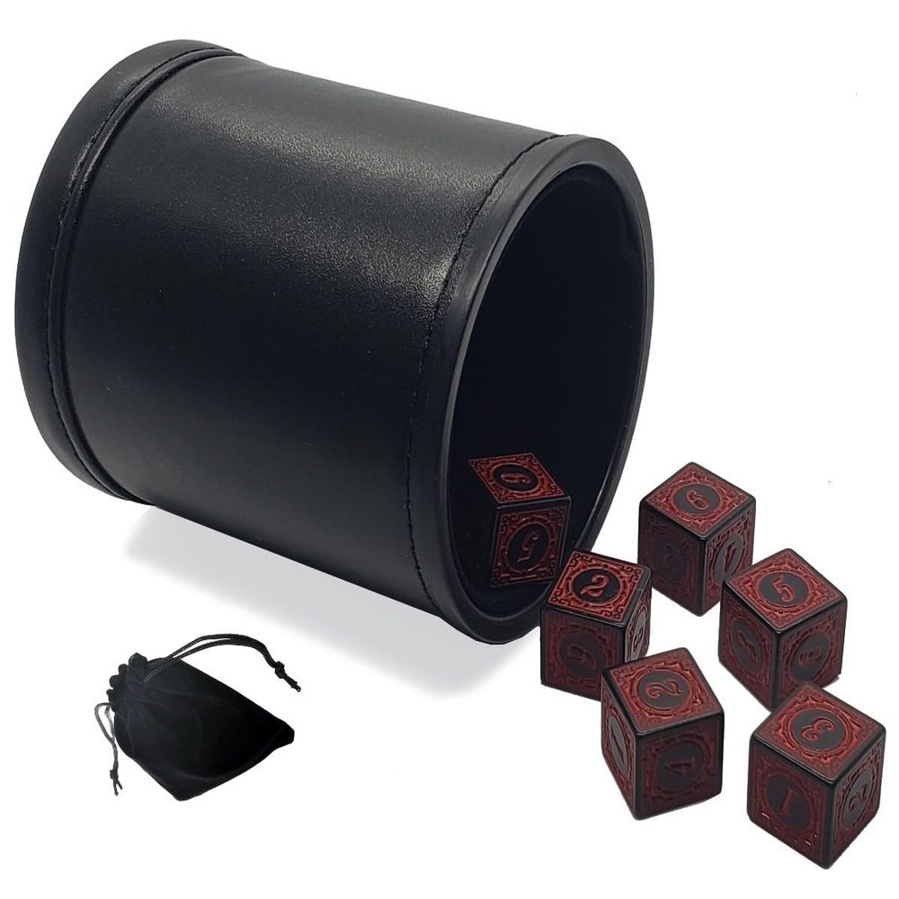 Set of (6) Numbers 1-6 Design Dice 16mm 6 Six-Sided Opaque Squared Corners + Dice Pouch + PU Leather Dice Cup with Premium Felt Lining Bundle (Red Dice)