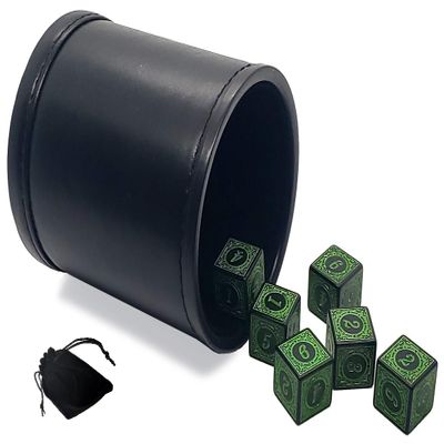 Set of (6) Numbers 1-6 Design Dice 16mm 6 Six-Sided Opaque Squared Corners + Dice Pouch + PU Leather Dice Cup with Premium Felt Lining Bundle (Green Dice)