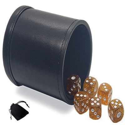 Cyber-Deals Set of (6) 16mm Transparent Glitter Rounded Corners Dice + Dice Pouch + PU Leather Dice Cup with Premium Black Felt Lining Bundle