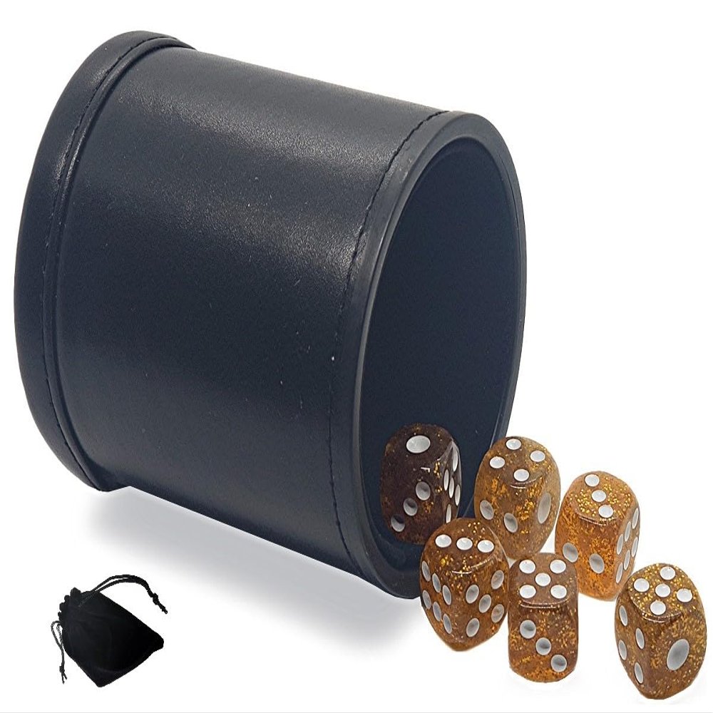 Cyber-Deals Set of (6) 16mm Transparent Glitter Rounded Corners Dice + Dice Pouch + PU Leather Dice Cup with Premium Black Felt Lining Bundle