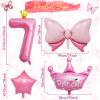 7th Birthday Decorations for Girls, Pink Birthday Balloon Set With 40 Inch Number 7, Large Helium Foil Mylar Crown Balloon, Bow Foil Balloons for Baby Girl Daughter First Birthday Party view 3