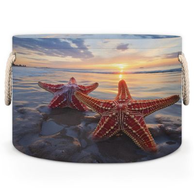 GzLeyigou Beach Starfish Round Baby Gift Baskets,Summer Beach Round Decorative Storage Box Canvas Fabric Organizer with Handles,Baskets Bin for Home Shelves Closet Nursery Gifts