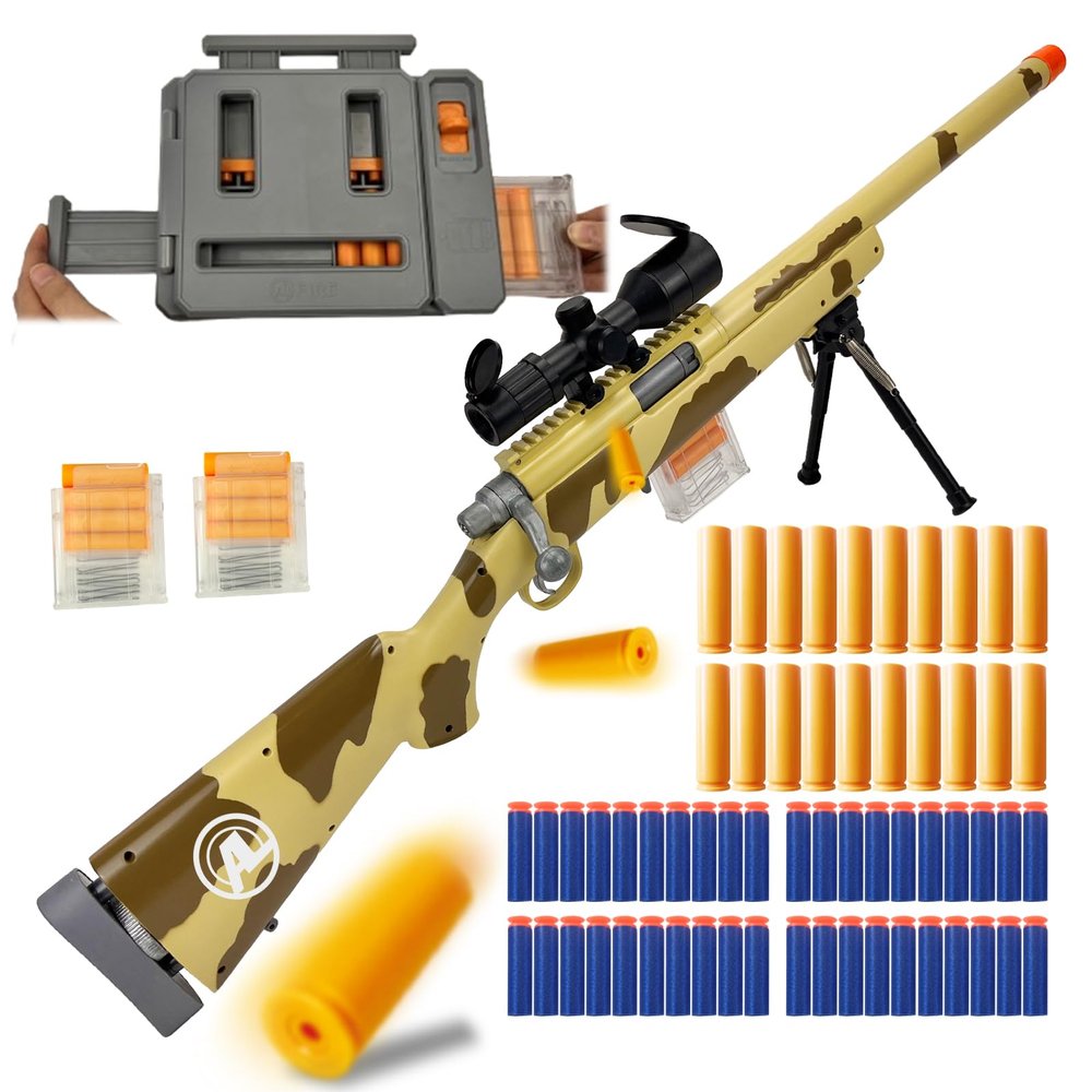 AGM MASTECH M24 Foam Blaster, Shell Ejecting, Safety Switch, Adjustable Stock 41.8 Inch, Fast Dart Loader, Scope, 40 Darts, 20 Casings, 2 Mags, Tactical Gear for Teens 14+ Adults(Yellow)