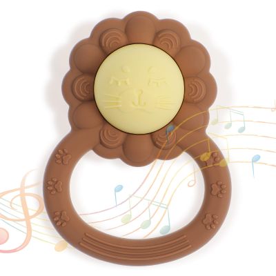 Dirbabi Rattle Teether, Lion Shape Montessori Baby Sensory Teething Toys, Food Grade Silicone BPA Free, Newborn Essentials Must Haves (Daffodil Clay)