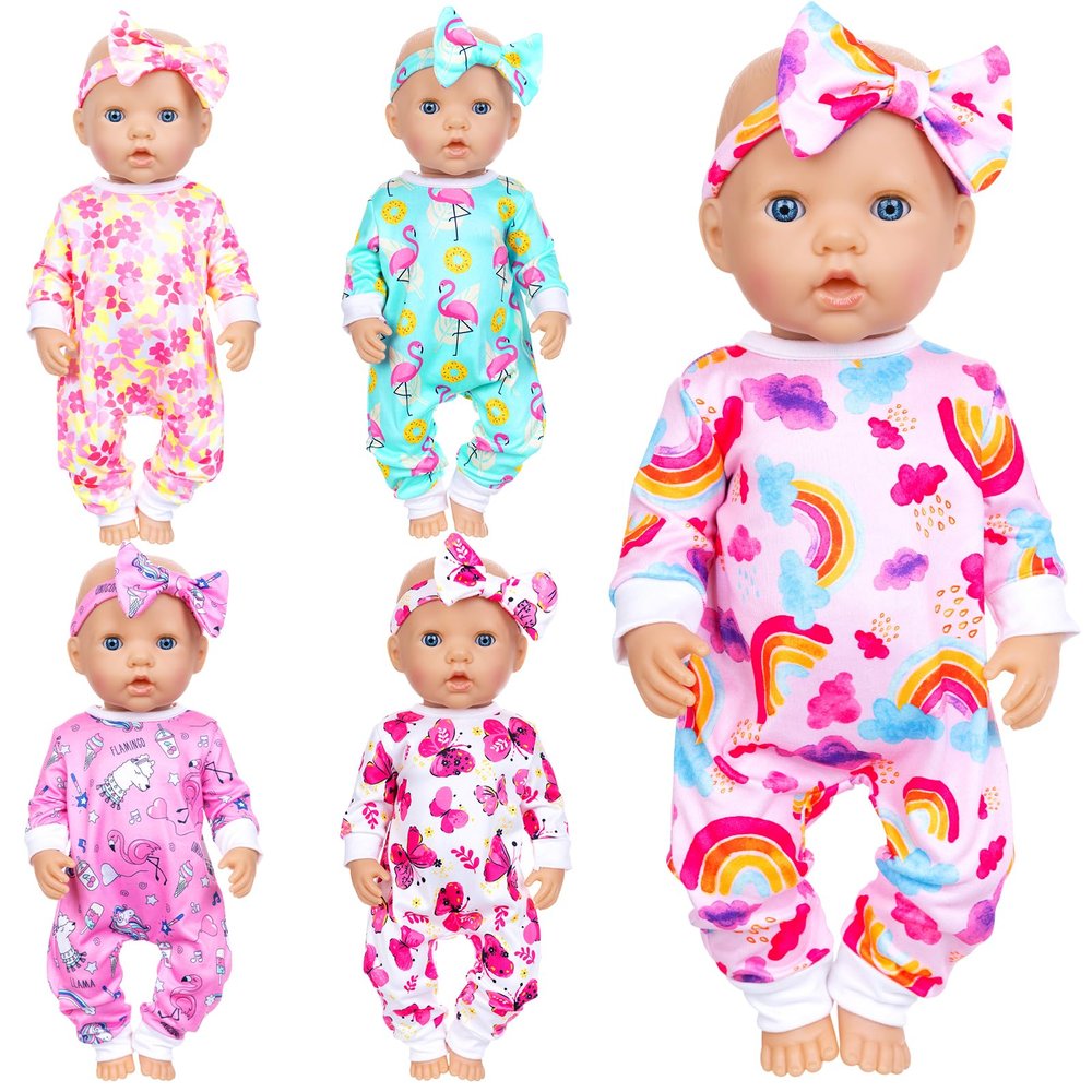 Ecore Fun 5 Sets Doll Clothes and Headbands - Accessories for 14-16 Inch Dolls, Total 10 pcs - Cute Pattern Jumpsuit for 15 & 18 Inch Dolls