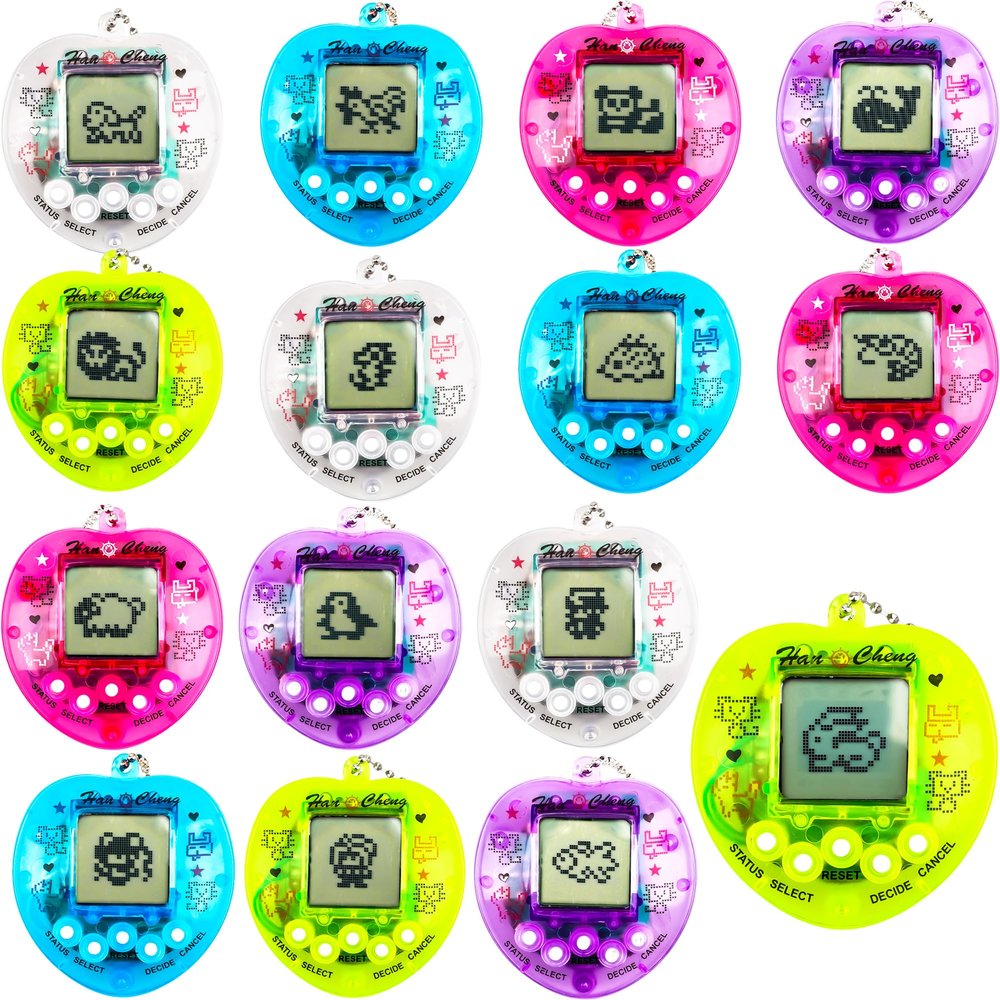 Conagel 15 Pcs Heart Shaped Virtual Pets Keychain Electronic Digital Pets Keychain Handheld Game Machine Nostalgic 90s Toy for Kids Birthday Party Gifts Goodie Bag Fillers