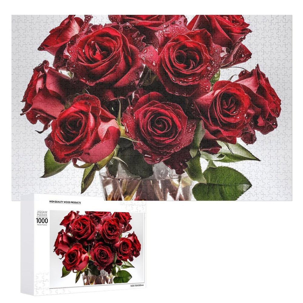 1000 PCS Jigsaw Puzzle for Adults Personalized Picture Puzzle Red Flowers in Vase Customized Wooden Puzzle for Family, Birthday, Wedding, Game Nights Gifts Animal Puzzle