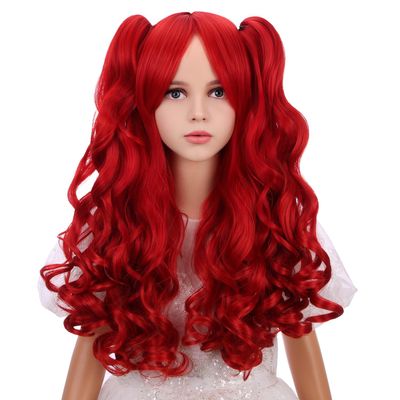 WAVELNM Kids Wine Red Wig Girls Burgundy Red Wig with Bangs Child Ponytail Wigs Long Curly Wavy Wigs for Daily Halloween Party Cosplay