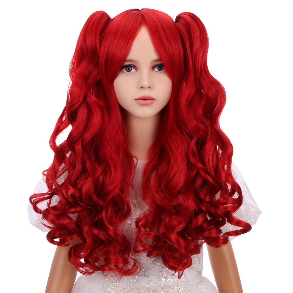 WAVELNM Kids Wine Red Wig Girls Burgundy Red Wig with Bangs Child Ponytail Wigs Long Curly Wavy Wigs for Daily Halloween Party Cosplay