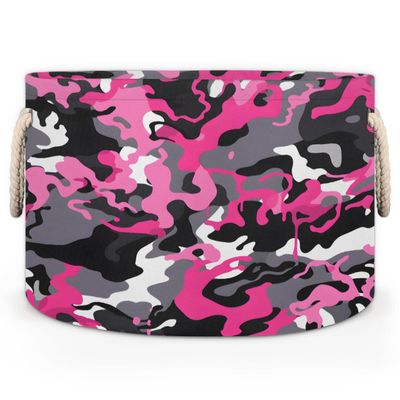 Abstract Camouflage Round Baby Gift Baskets,Pinks White Camo Round Decorative Storage Box Canvas Fabric Organizer with Handles,Baskets Bin for Home Shelves Closet Nursery Gifts