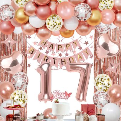 NANINUNENO 17th Rose Gold Birthday Party Decorations for Girls, Rose Gold Happy Birthday Banner, Fringe Curtains, Heart Foil Balloons, Confetti Balloons, Cake Topper for 17th Birthday Decorations