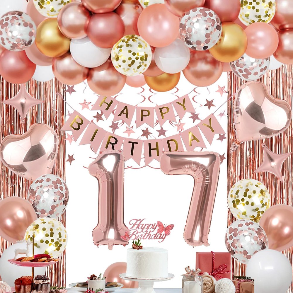 NANINUNENO 17th Rose Gold Birthday Party Decorations for Girls, Rose Gold Happy Birthday Banner, Fringe Curtains, Heart Foil Balloons, Confetti Balloons, Cake Topper for 17th Birthday Decorations
