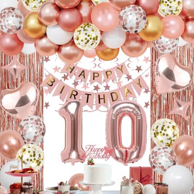 NANINUNENO 10th Rose Gold Birthday Party Decorations for Girls, Rose Gold Happy Birthday Banner, Fringe Curtains, Heart Foil Balloons, Confetti Balloons, Cake Topper for 10th Birthday Decorations