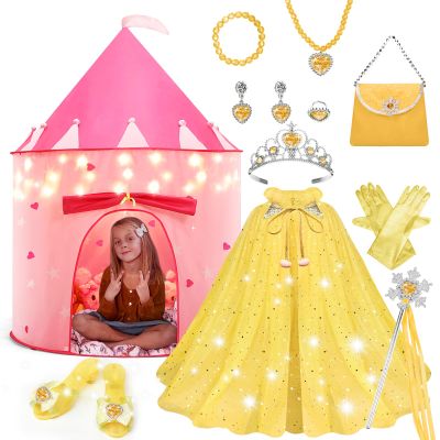 WTOR 15Pcs Princess Castle Play Tent Dress Up with LED Glow in The Dark Stars for Little GirlsPrincess Dress Up Cape with Crown,Girl Play Tent/House Toy for Indoor & Outdoor Use (Yellow)