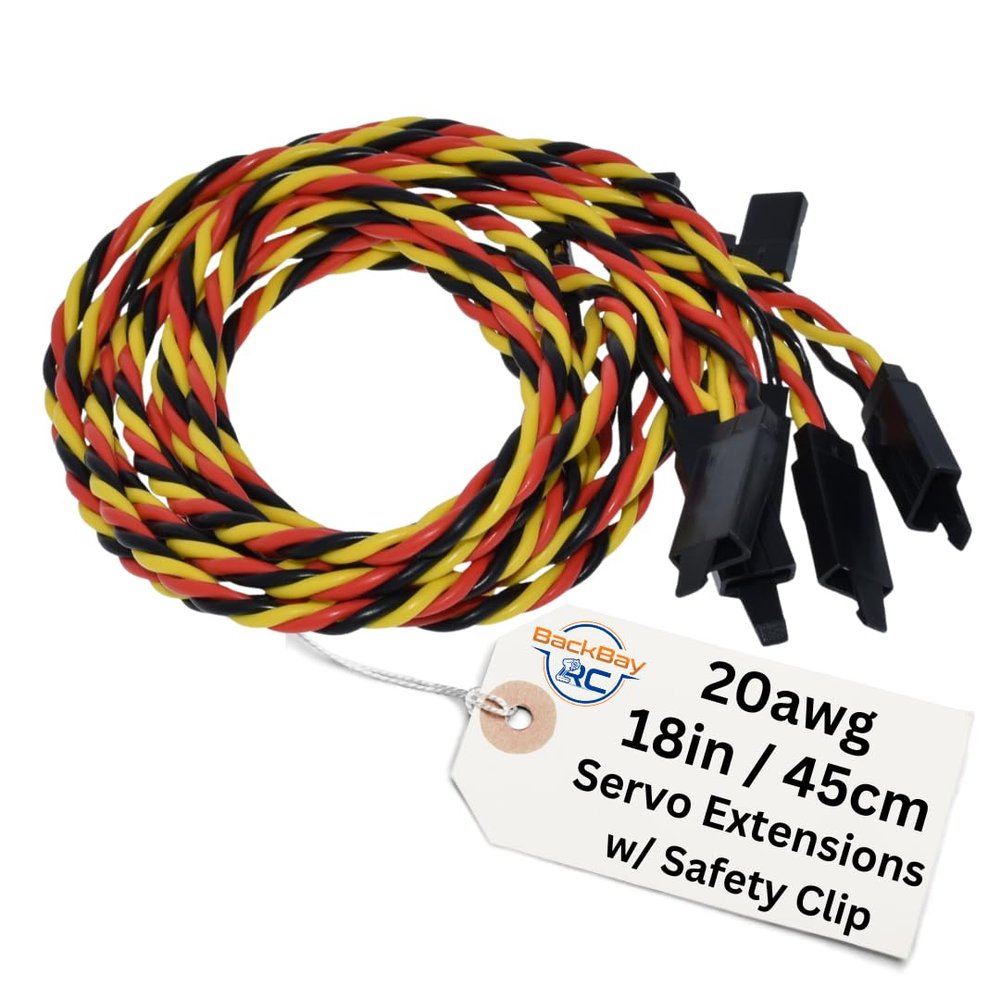 BackBayRC 20 AWG Twisted Servo Extension Cable with Safety Clip, 100-Strand Servo Wire, Gold Plated Pins, Silicone Insulation, JR-Style Plugs, 45 cm (18 in) 5-Pack