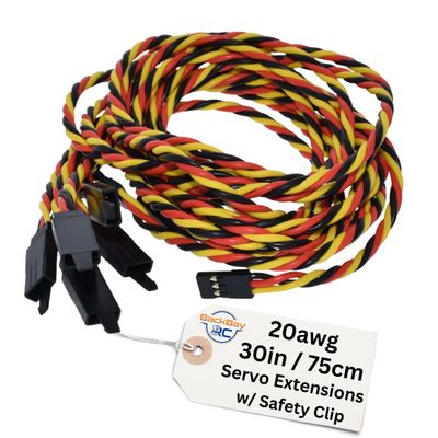 BackBayRC - 20awg Twisted Servo Extension Cable w/Safety Clip - 100 Strands for RC Vehicles, Drones, E-Bikes - 8 Lengths / 5 Wires per Pack (75CM / 30in)