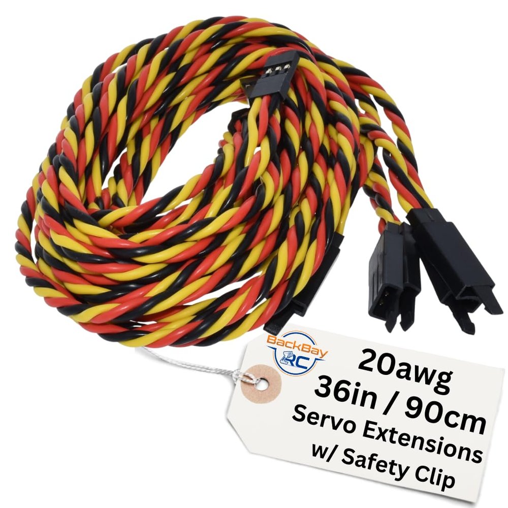 BackBayRC - 20awg Twisted Servo Extension Cable w/Safety Clip - 100 Strands for RC Vehicles, Drones, E-Bikes - 8 Lengths / 5 Wires per Pack (90CM / 36in)
