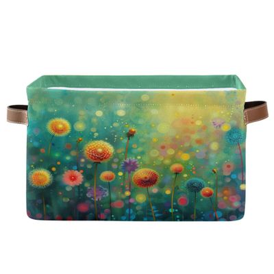xigua Watercolor Herbs Flowers Storage Baskets Large Foldable Cube Organizer Collapsible Storage Bin with Leather Handle for Home Closet Nursery, 2PACK