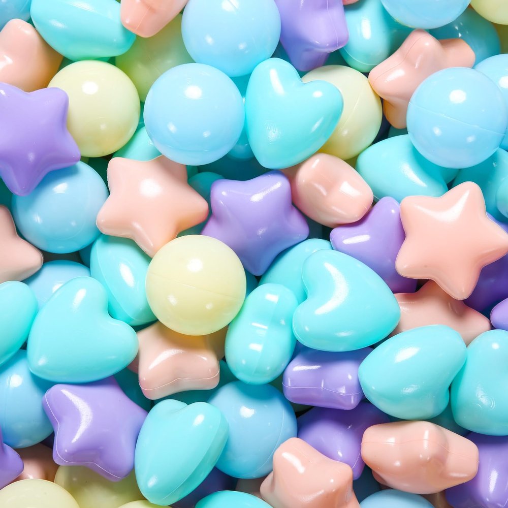 Heopeis Ball Pit Balls Stars Hearts for Toddlers- 200 Pack 3 Shapes Children's Toy Balls for Ball Pool Playroom Playpen, Crush Proof Plastic Toy Balls (2 Macarons Randomly)
