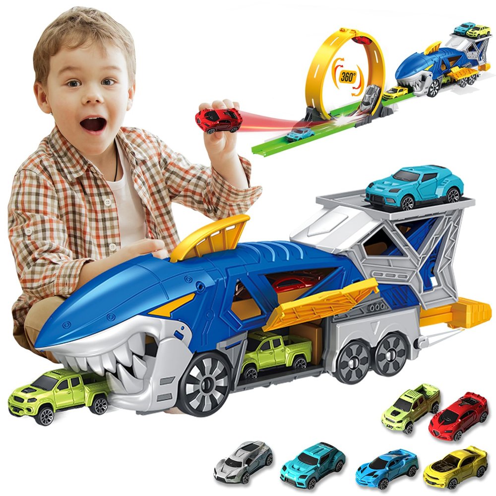 Frontoytall Shark Racing Car Playset with Carrier Truck, Loop Track & Launcher  6 x 1:64 Scale Race Vehicles, STEM Toys for Kids 3-12, Quick Assemble, Durable ABS Plastic (ASTM Certified)