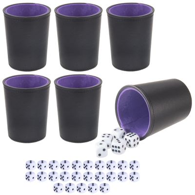 Leather Dice Cup, Quite Felt-Lined Interior, 6 Shaker Cups and 30 Dot Dices, one Carry Bag (Black and Purple)