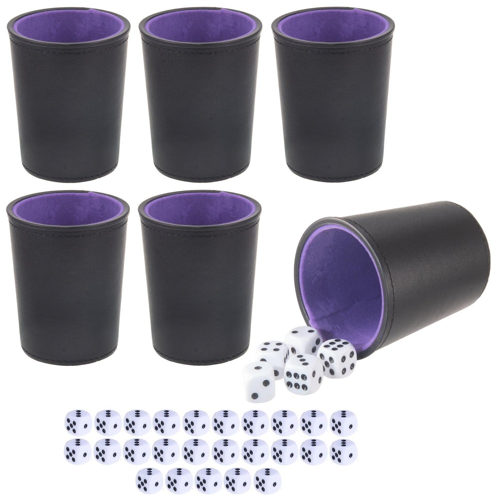 Leather Dice Cup, Quite Felt-Lined Interior, 6 Shaker Cups and 30 Dot Dices, one Carry Bag (Black and Purple)