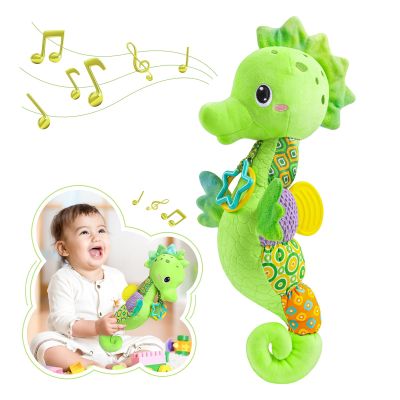 Awotoy Baby Toys 0 to 12 Months, Musical Stuffed Animal Activity Soft Toys with Multi-Sensory Crinkle, Rattle and Textures, Infant Tummy Time Toys for Newborn Boys Girls, Seahorse, Green