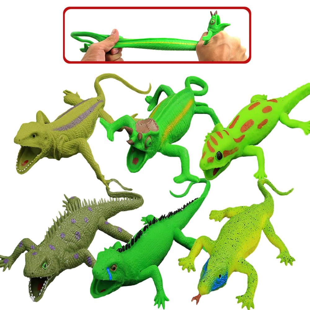 6 Packs Lizards Toys,9 inch Super Stretches Rubber Lizard Set, Material TPR, Stretchy Lizards with Gift Bag-Realistic Lizard Figure Bathtub Toy Iguana Chameleon