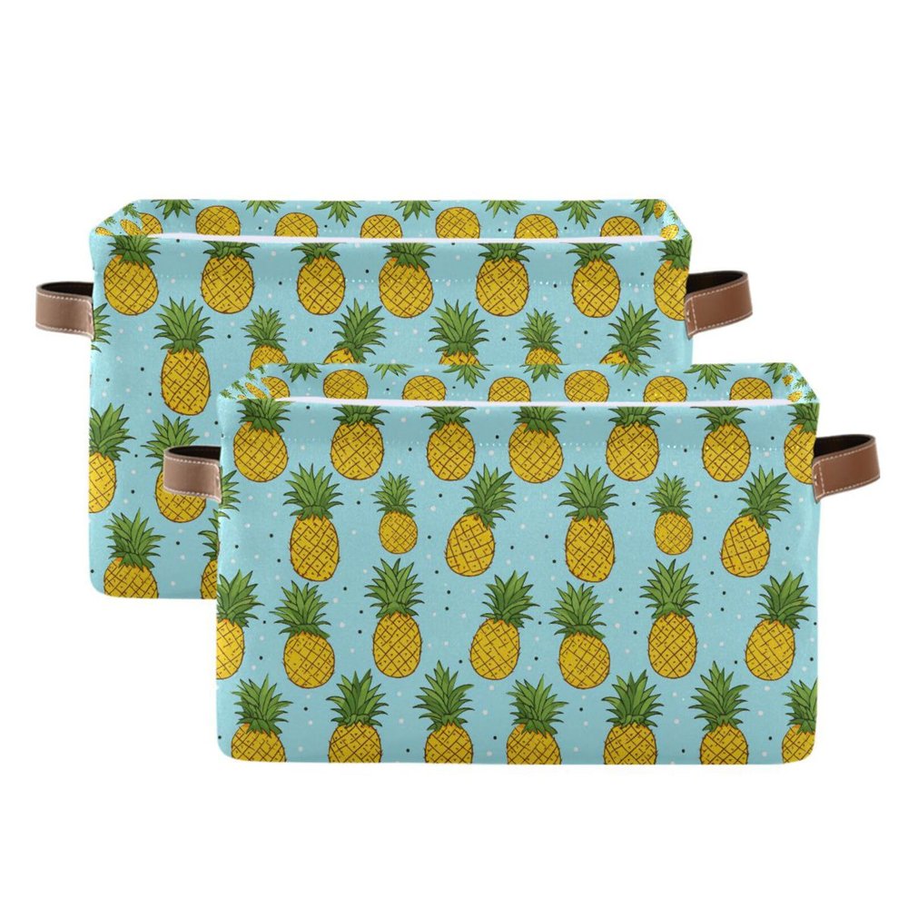 2Pcs Funny Pineapple Fruit Storage Bin Fabric Storage Basket with Handles,Foldable Storage Boxes,Organizer Bag for Clothing Dog Toy Book Storage Cubes Shelf Closet Basket A112158