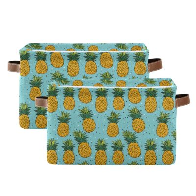 2Pcs Funny Pineapple Fruit Storage Bin Fabric Storage Basket with Handles,Foldable Storage Boxes,Organizer Bag for Clothing Dog Toy Book Storage Cubes Shelf Closet Basket A112161