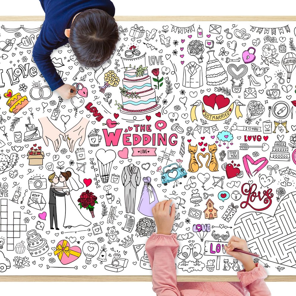 GWHOLE Giant Coloring Poster, 40 x 28 Inch Large Wedding Themed Coloring Tablecloth Colorable Table Cloth for Home School Wedding Bridal Shower