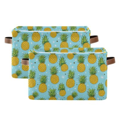 2Pcs Funny Pineapple Fruit Storage Bin Fabric Storage Basket with Handles,Foldable Storage Boxes,Organizer Bag for Clothing Dog Toy Book Storage Cubes Shelf Closet Basket A112162