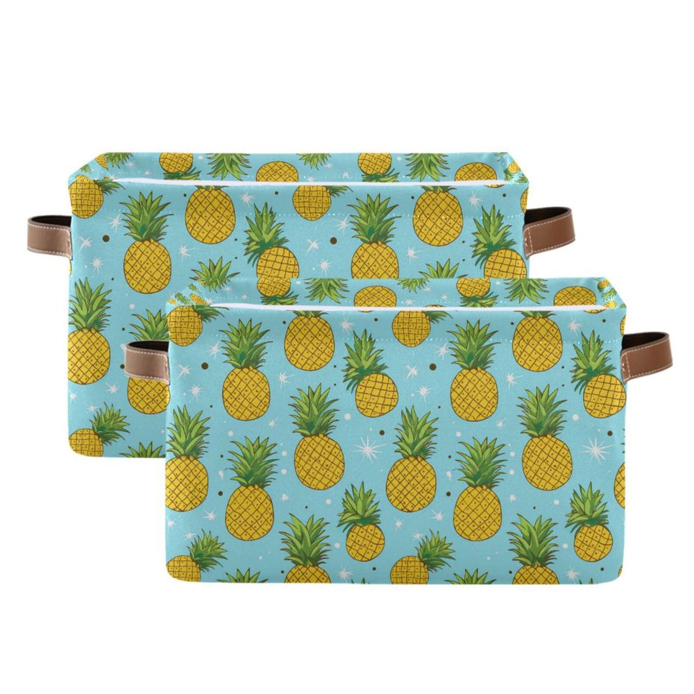 2Pcs Funny Pineapple Fruit Storage Bin Fabric Storage Basket with Handles,Foldable Storage Boxes,Organizer Bag for Clothing Dog Toy Book Storage Cubes Shelf Closet Basket A112162