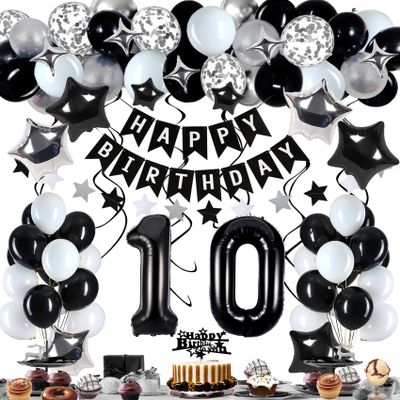 Miidenks 10th Birthday Decorations for Boy Girl, Black White and Silver Happy 10 Party Decor Set with 10 Number Foil Balloons, Banner, Cake Topper for Him Her
