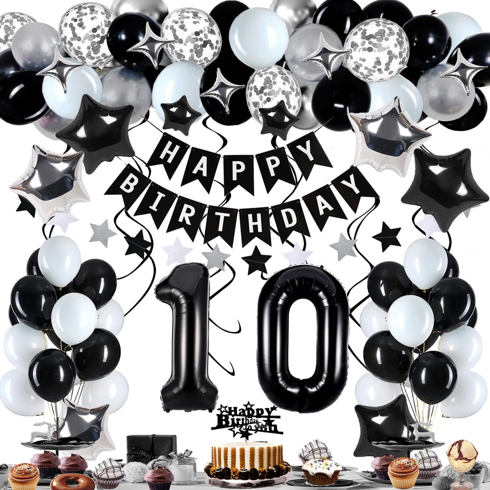 Miidenks 10th Birthday Decorations for Boy Girl, Black White and Silver Happy 10 Party Decor Set with 10 Number Foil Balloons, Banner, Cake Topper for Him Her