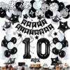 Miidenks 10th Birthday Decorations for Boy Girl, Black White and Silver Happy 10 Party Decor Set with 10 Number Foil Balloons, Banner, Cake Topper for Him Her view 1
