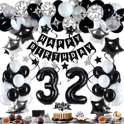 Miidenks 32nd Birthday Decorations for Men Women, Black White and Silver Happy 32 Party Decor Set with 32 Number Foil Balloons, Banner, Cake Topper for Him Her
