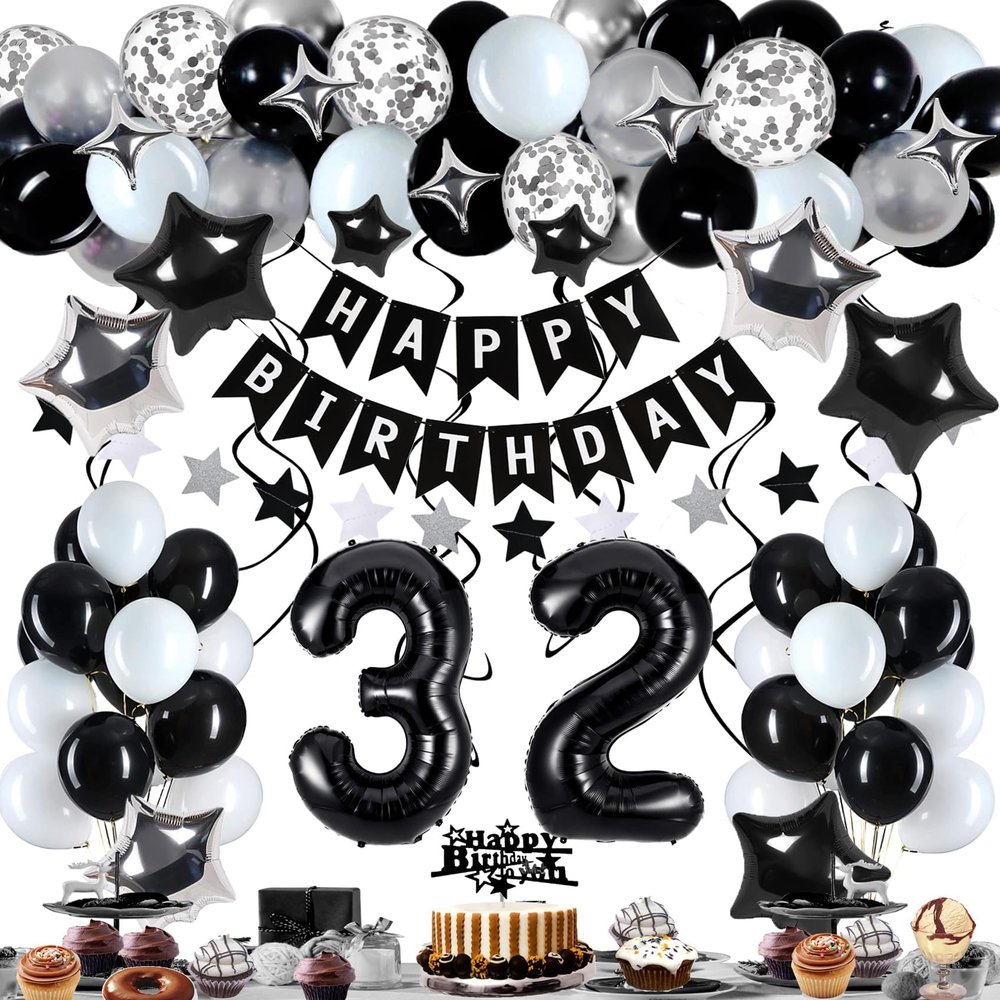 Miidenks 32nd Birthday Decorations for Men Women, Black White and Silver Happy 32 Party Decor Set with 32 Number Foil Balloons, Banner, Cake Topper for Him Her